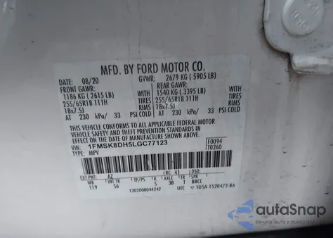 2020 Ford Explorer Xlt z USA, uszkodzony, nr VIN 1FMSK8DH5LGC77123